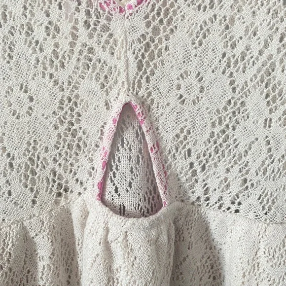 Free People Ivory Lace Pink Lined Babydoll Tank Top Keyhole Back Pom Trim Medium - Picture 6 of 7